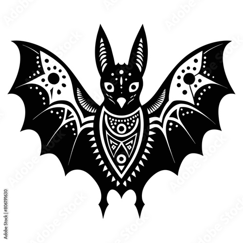 Design a vector silhouette of a bat adorned with intricate patterns inspired by traditional Mexican folk art.