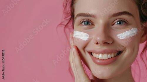 Beautiful woman smile use cream for good skin. face of a healthy woman apply cream and makeup. Advertisement for skin cream, anti-wrinkle, baby face, whitening, moisturizer, tighten pores