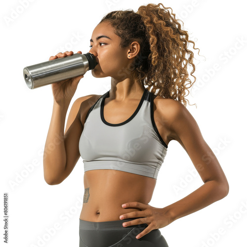 Female athlete drinking from bottle, on transparent background