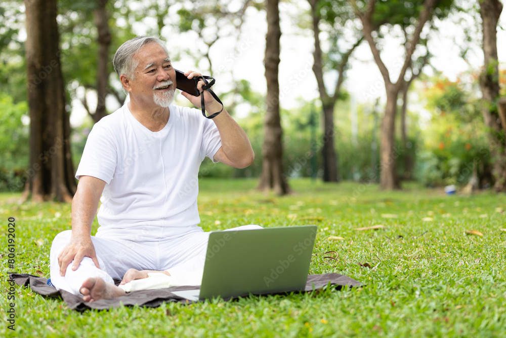 Obraz premium senior man working with laptop computer and talking on smartphone in the park