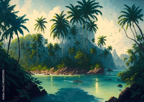 Tropical Exotic Landscape Wallpaper. Hand Drawn Design. Luxury Wall Mural