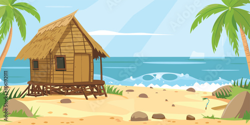 Tropical Beach Hut with Thatch Roof, Cartoon Vector Illustration