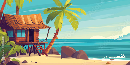 Tropical Beach Hut with Thatch Roof, Cartoon Vector Illustration
