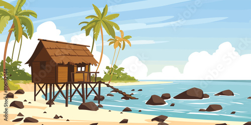 Tropical Beach Hut with Thatch Roof, Cartoon Vector Illustration