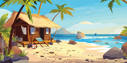 Tropical Beach Hut with Thatch Roof, Cartoon Vector Illustration