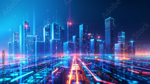 cityscape with space and neon light effect. Modern hi-tech  science  futuristic technology concept. Abstract digital high tech city design for banner background