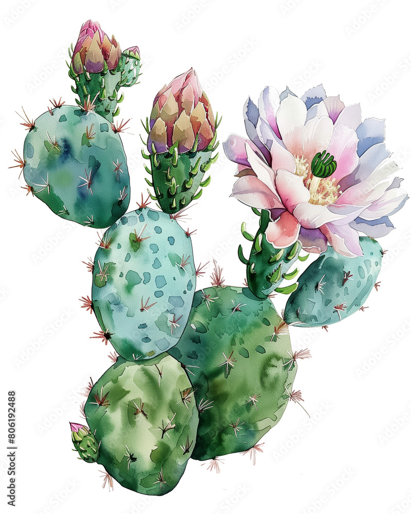 a prickly pear Cactus with various color blooms, side view in a PNG, in a succulent floral-themed, isolated, and transparent photorealistic watercolor illustration. Generative ai a prickly pear Cactus with various color blooms, side view in a PNG, in a succulent floral-themed, isolated, and transparent photorealistic watercolor illustration. Generative ai