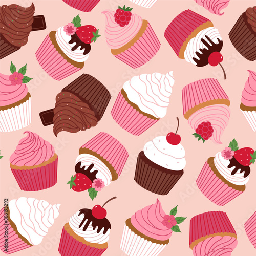 Seamless pattern with various cupcakes on a pink background. Vector graphics.