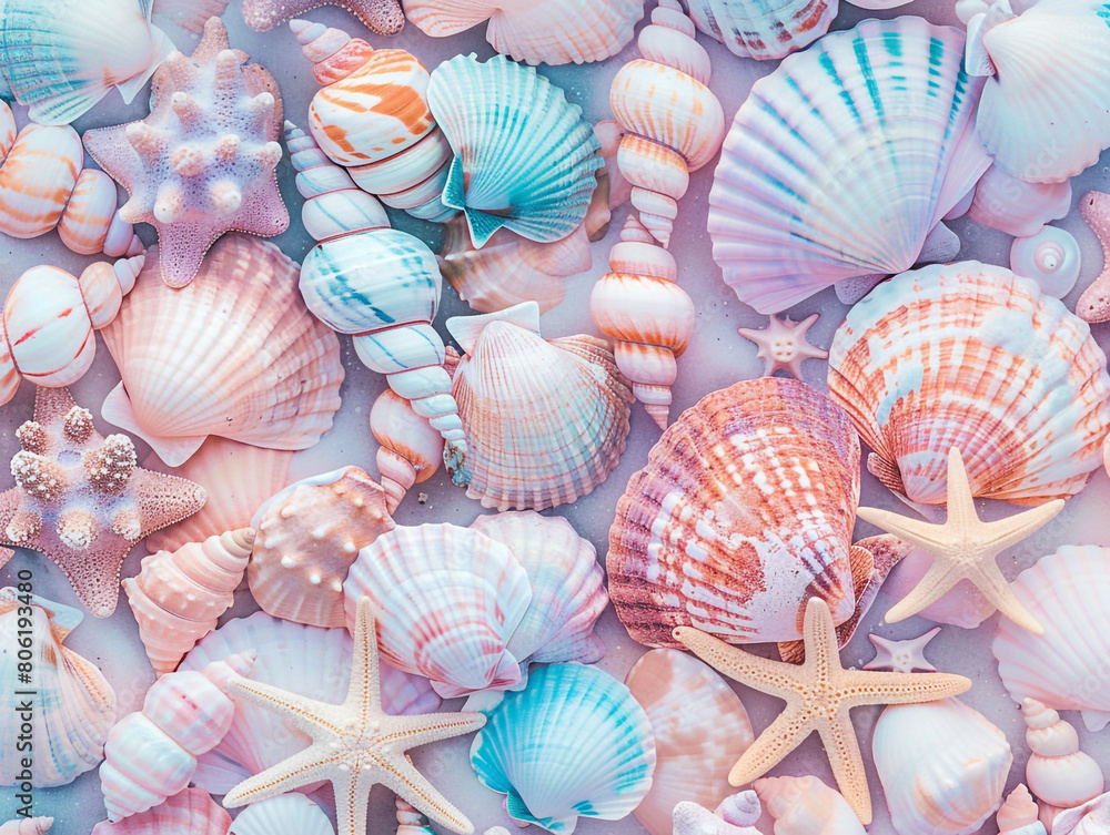 A closeup of pastel colored seashells, arranged in an aesthetically pleasing pattern. A closeup of pastel colored seashells, arranged in an aesthetically pleasing pattern.