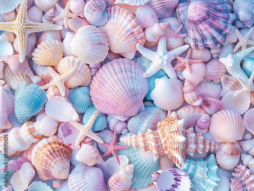 A closeup of pastel colored seashells  arranged in an aesthetically pleasing pattern.