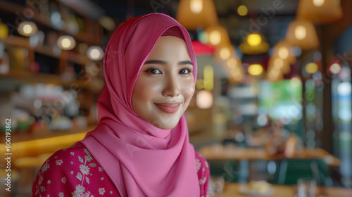 An attractive young Malay hijabi woman is depicted, wearing pastel pink and beige attire and smiling at the camera. She is standing in an upscale restaurant with elegant wooden decor and soft lighting