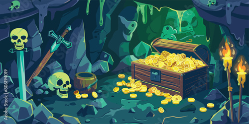 Illustration of a Hidden Cave Treasure: Vector Cartoon Scene with Gold Coins, Jewelry, and Gems