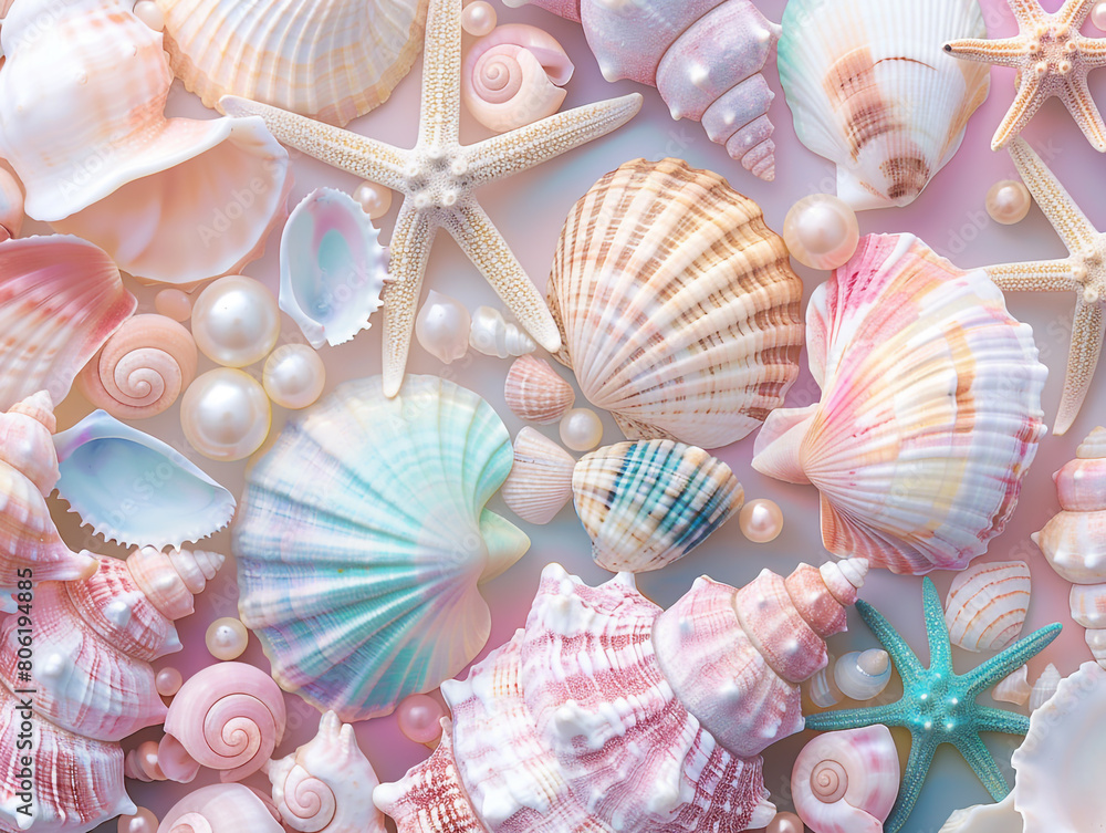 A closeup of pastel colored seashells, arranged in an aesthetically pleasing pattern. A closeup of pastel colored seashells, arranged in an aesthetically pleasing pattern.