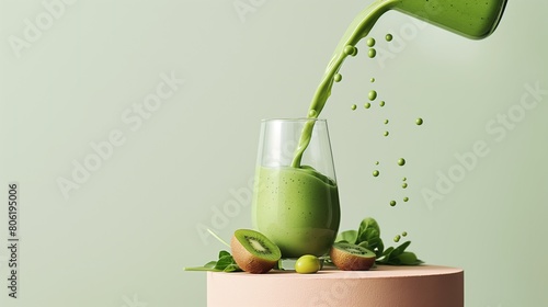 Green protein shake made from kiwi and spinach, chickpeas for breakfast. Healthy food, nutritionology, proper nutrition, vegetarianism, vitamins and good body condition. Healhty morning time	 photo