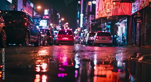 In the night in this big city The rain falls view up side down many small cars on the street by coloful neon light darkness high bulldingsc stromy day photo