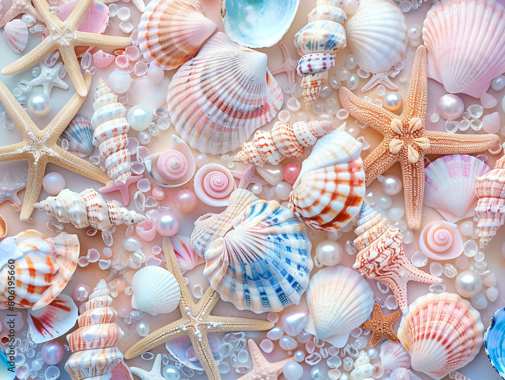 A closeup of pastel colored seashells, arranged in an aesthetically pleasing pattern. A closeup of pastel colored seashells, arranged in an aesthetically pleasing pattern.