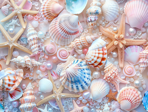 A closeup of pastel colored seashells  arranged in an aesthetically pleasing pattern.