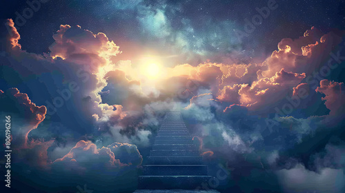 Road to paradise  a staircase in the clouds rises to the sky