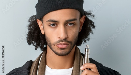 jeune homme métis tenant sa cigarette électronique avec un bonnet en ia photo