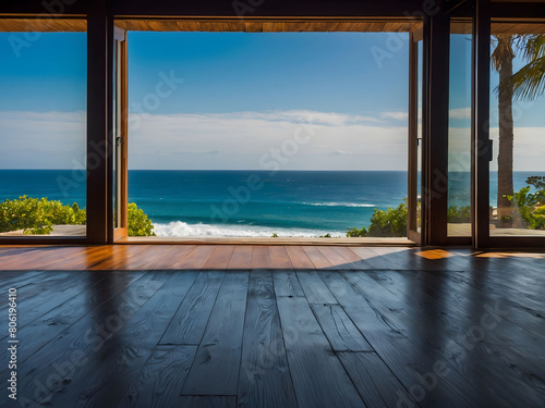 Inviting home with a black living room and wooden floors  providing serene views of the ocean  blue sky  and sandy beach  creating a perfect summer ambiance