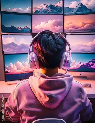 jeune homme avec un casque audio en train de jouer aux jeux vidéos devant un mur d'écran en ia