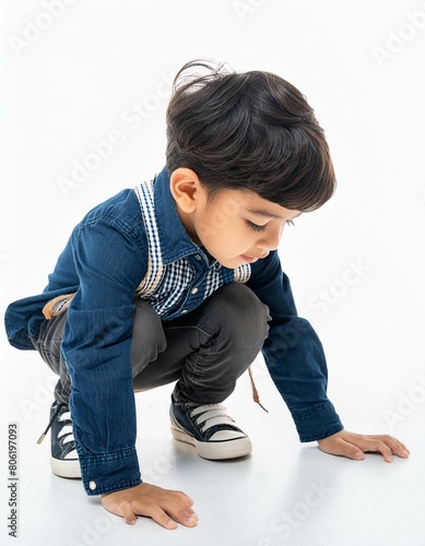 jeune garçon accroupi au sol et regardant à terre en ia