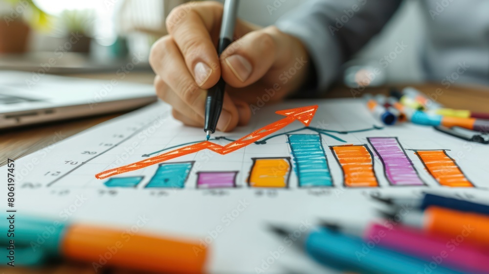 Creative workspace with a hand drawing an upward arrow on a white paper, surrounded by colorful markers and sketches, illustrating creative planning or idea development. Creative workspace with a hand drawing an upward arrow on a white paper, surrounded by colorful markers and sketches, illustrating creative planning or idea development.
