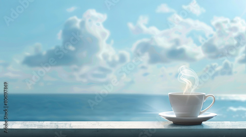 A cup of aromatic coffee on the window with a background of the magical blue sea
