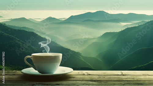 A cup of aromatic tea against the backdrop of green mountains