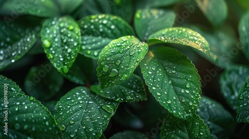 Close-up of dewdrops on vibrant green leaves  capturing the intricate detail and freshness of nature early in the morning.