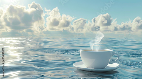 A cup of aromatic coffee against the backdrop of the magical blue sea © Taisiia