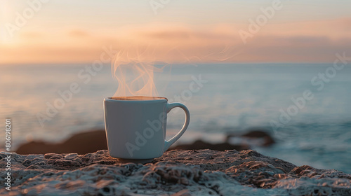 A cup of aromatic coffee on a rock at sunset © Taisiia