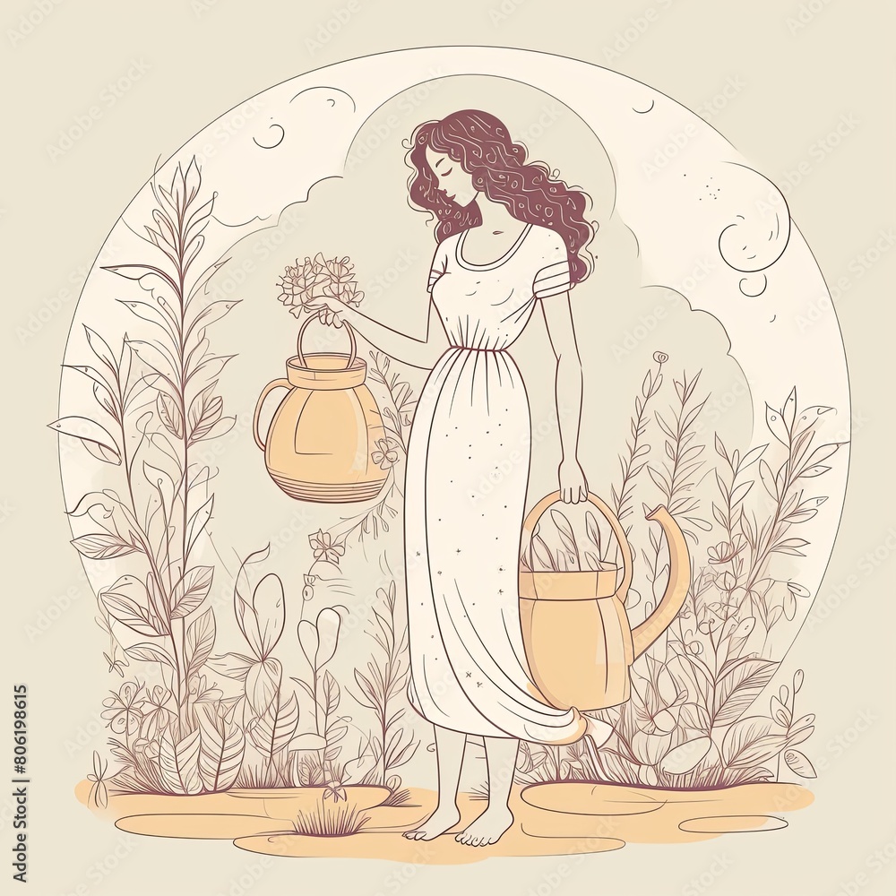 A minimalist character with curly hair, wearing a long dress and sandals, standing in a garden with a watering can, surrounded by flowers and plants