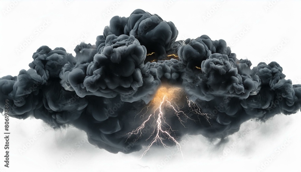 Black storm clouds with lightnings and smoke isolated on white background Black storm clouds with lightnings and smoke isolated on white background