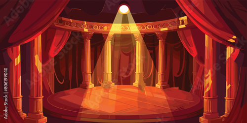 Theatrical Ambiance, Dark Stage with Red Velvet Curtains and Spotlight