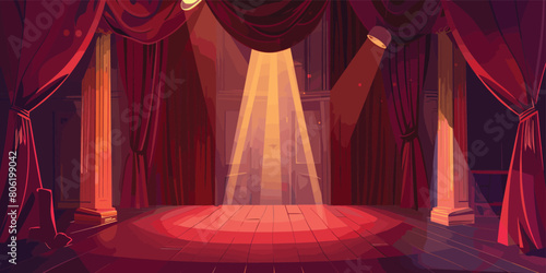 Theatrical Ambiance, Dark Stage with Red Velvet Curtains and Spotlight