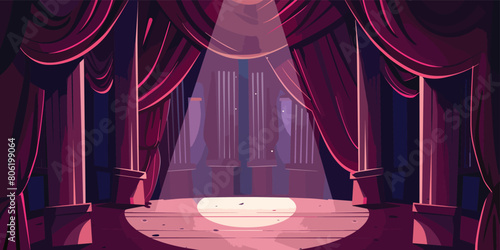 Theatrical Ambiance, Dark Stage with Red Velvet Curtains and Spotlight