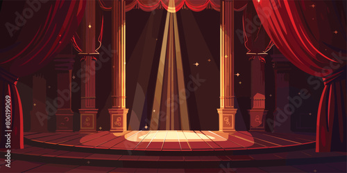 Theatrical Ambiance, Dark Stage with Red Velvet Curtains and Spotlight