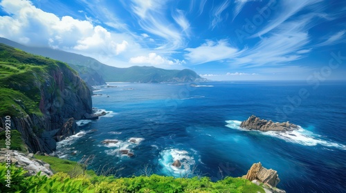 clear blue sea  surrounded by lush greenery and vibrant coral reefs