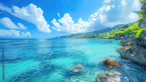 clear blue sea, surrounded by lush greenery and vibrant coral reefs