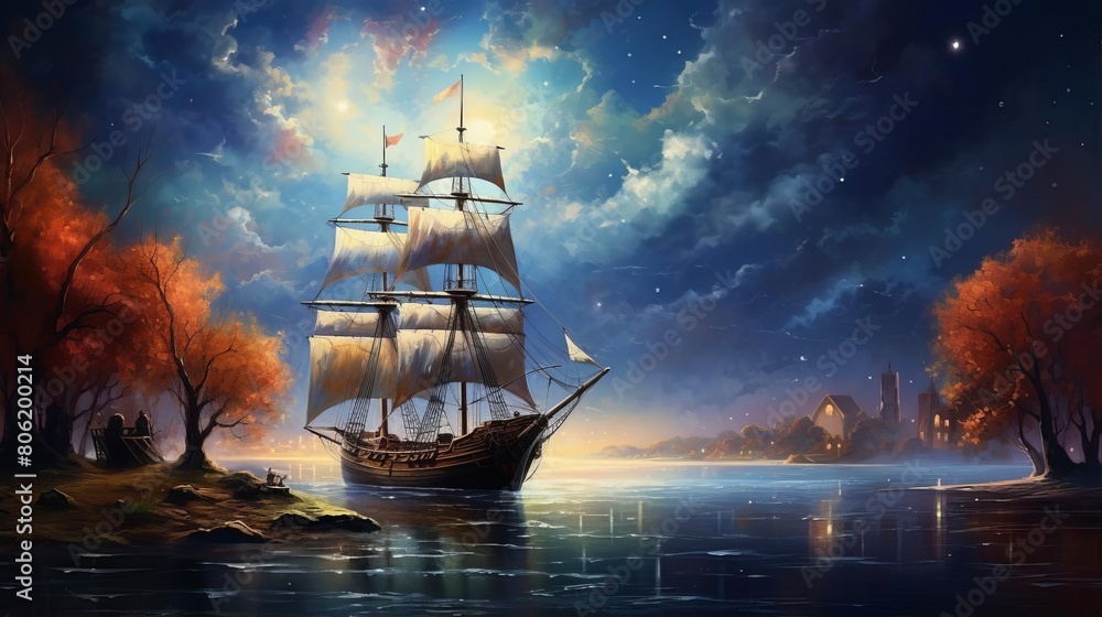 Craft a visually striking scene featuring a sailing ship under a starlit sky