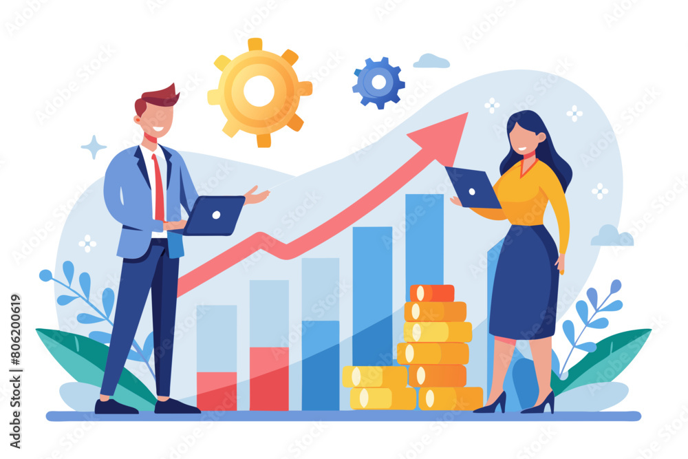 Growth strategy team collaboration to grow business success teamwork or partnership to develop or improve work efficiency concept businessman and woman employee team help grow rising arrow chart
