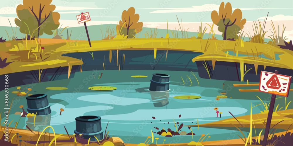 Toxic Swamp, Vector Cartoon Illustration of Polluted Environment Stock ...