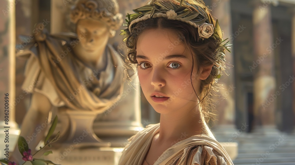Ancient Roman Young girl in classical attire with a sculptural backdrop in a historical setting Ancient Roman Young girl in classical attire with a sculptural backdrop in a historical setting