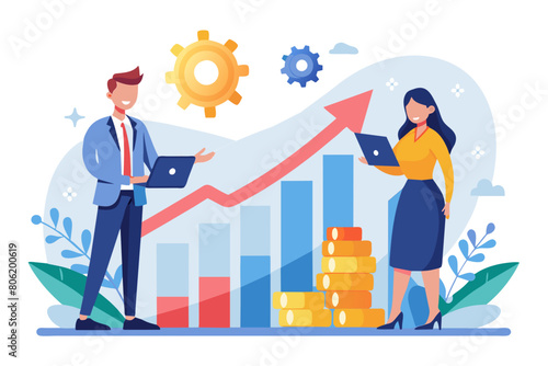 Growth strategy team collaboration to grow business success teamwork or partnership to develop or improve work efficiency concept businessman and woman employee team help grow rising arrow chart © Digital Dreamscaping