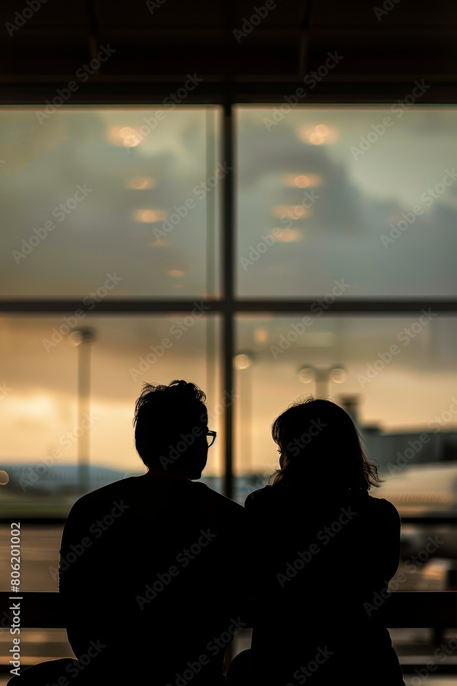 A silhouette of a couple, gazing out of an airport window
