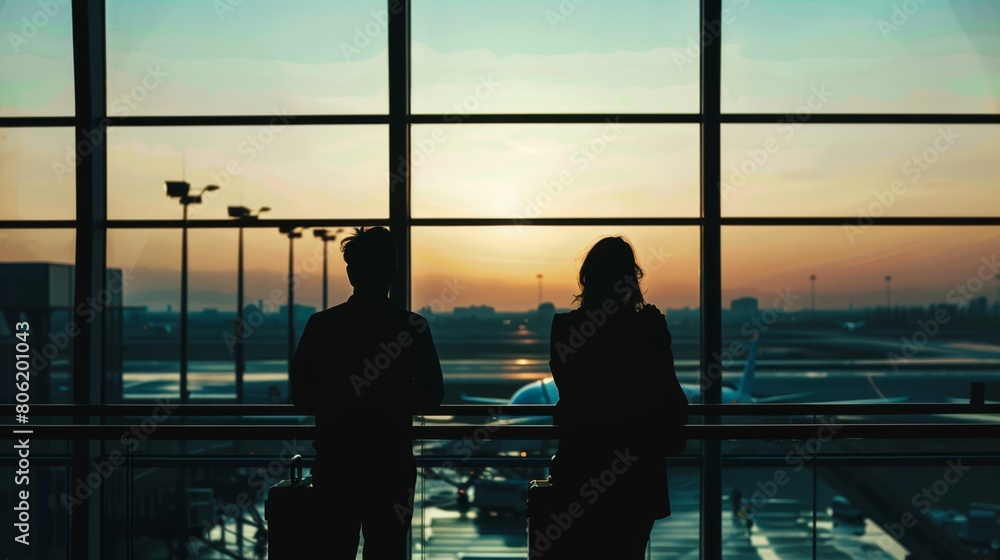 A silhouette of a couple, gazing out of an airport window
