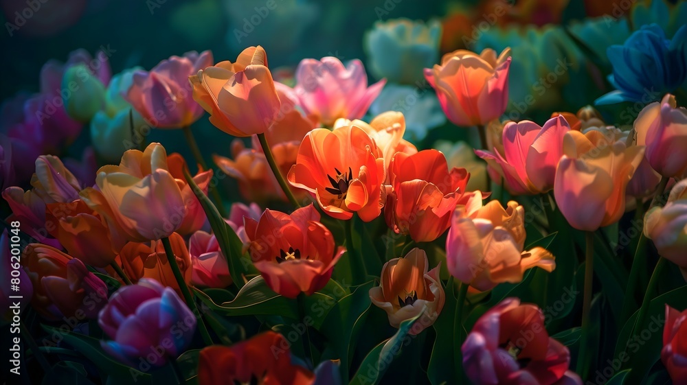 Fototapeta premium A cluster of tulips blooming in vibrant hues in a garden. . 