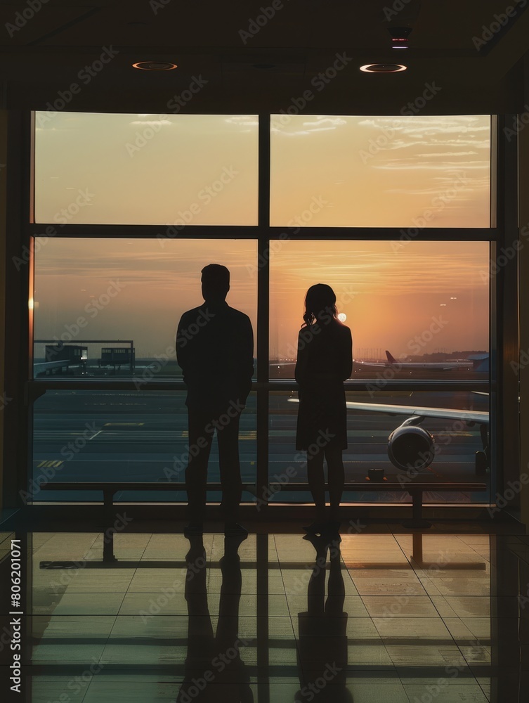 A silhouette of a couple, gazing out of an airport window
A silhouette of a couple, gazing out of an airport window