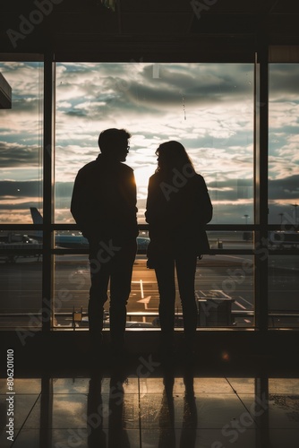 A silhouette of a couple, gazing out of an airport window  © cff999